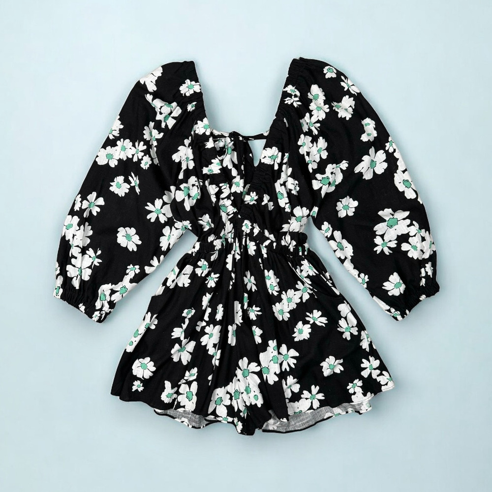 Topshop Floral Long Sleeve Romper Black Size XS (0/2) Linen White Green Retro
